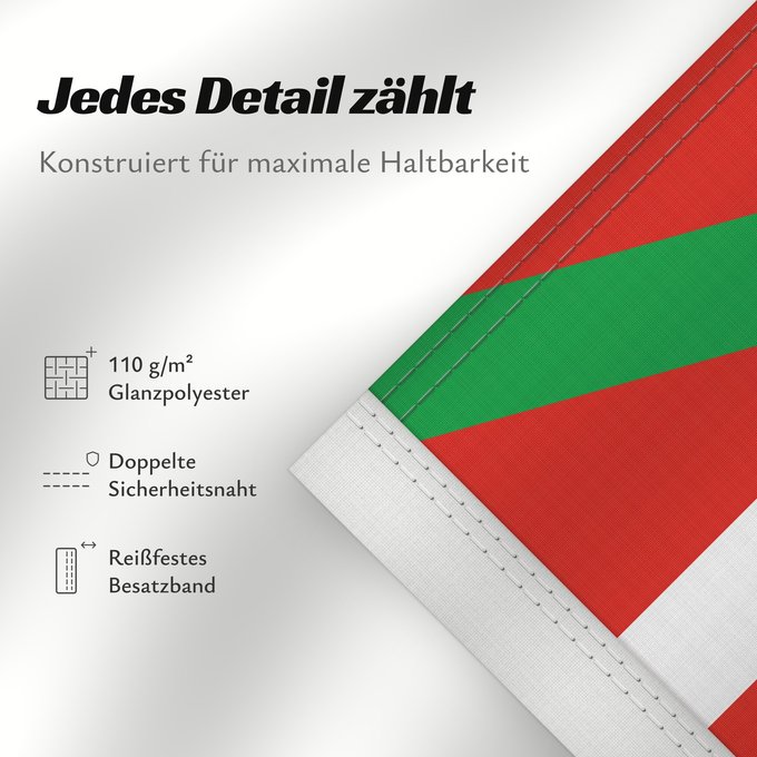 Details zu dieser Flagge: Basque Country	Autonomous region of the Basque Country A white cross over a green saltire on a red field	Basque Country	Ikurriña Bandera de la Comunidad autónoma del País Vasco	Autonomen Region Baskenland Ein weißes Kreuz über grünem Andreaskreuz auf rote