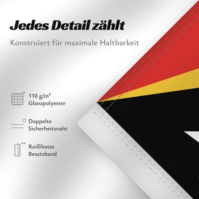 Details zu dieser Flagge: East Timor Timor-Leste East Timor Timor oriental Timor Oriental Osttimor Timor Est Timor-Leste Oost-Timor Timor-Leste علم تيمور الشرقية তিমুর লেস্তের জাতীয় পতাকা Timor Leste Флаг Восточного Тимора Östtimors Timór Lorosa e nian