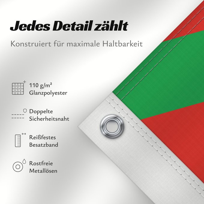 Details zu dieser Flagge: Basque Country Autonomous region of the Basque Country A white cross over a green saltire on a red field Basque Country Ikurriña Bandera de la Comunidad autónoma del País Vasco Autonomen Region Baskenland Ein weißes Kreuz über grünem Andreaskreuz auf rote