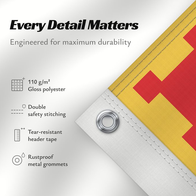Details about this flag: Unofficial County Flag of Greater Manchester	The County Flag of Greater Manchester is composed of ten golden castles  arranged in rows of 3-2-3-2  on a red background	Manchester