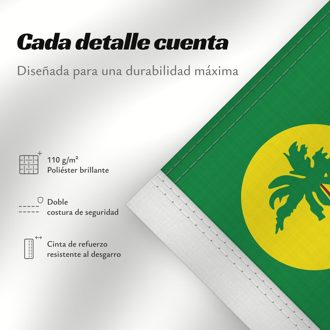 Detalles sobre esta bandera: Cocos  Keeling  Islands	Cocos (Keeling) Islands	îles Cocos, utilisation non-officielle. Ratio 1 2	Islas Cocos	Kokosinseln	Isole Cocos	La Kokosinsuloj, uzo ne oficiala