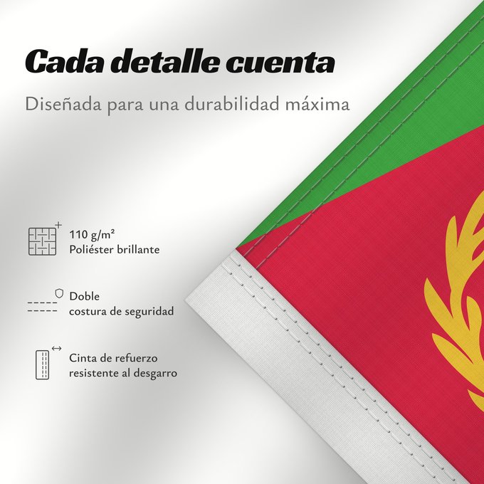 Detalles sobre esta bandera: Eritrea L Érythrée Dell Eritrea የኤርትራ ባንደራ علم إريتريا Af Eritrea Eritreo پرچم اریتره דגל אריתריאה Alaabaa Eritrea Флаг Эритреи S Eritrea Eritreje Eratareya Eritreas ባንደራ ኤርትራ