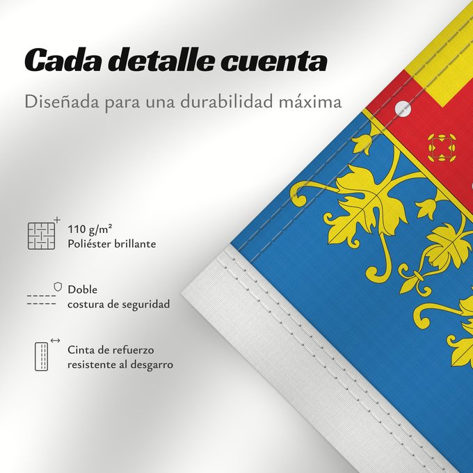 Detalles sobre esta bandera: Land of Valencia  official	Land of Valencia, 1 2 ratio	Valencia Community	Comunidad Valenciana, proporciones 1 2	Valencian Community	Comunità Valenciana	D o Comunidat Balenziana	Comunidá Valenciana	Comunitat Valenciana, proporcions 1 2	Valentziako Erkideg