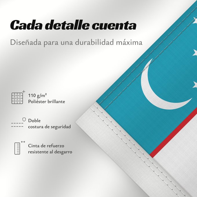 Detalles sobre esta bandera: Uzbekistan	Ouzbékistan	República de Uzbekistán	Usbekistan	Repubblica dell Uzbekistan	Oezbekistan	Nacional da República do Uzbequistão	علم جمهورية أوزبكستان	Özbəkistan Respublikasının Dövlət	Дзяржаўны Сцяг Рэспублікі Ўзбекістан	Дзяржаўны Сьцяг Рэспублікі Ў
