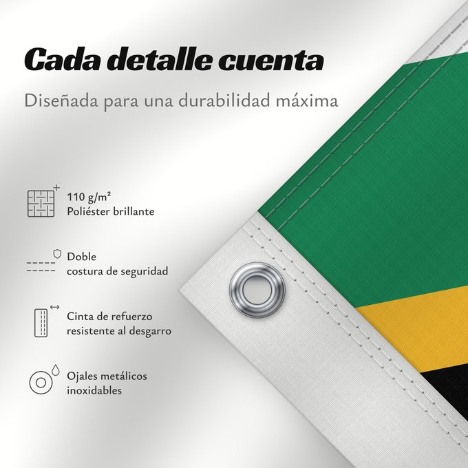 Detalles sobre esta bandera: South Africa	Afrique du Sud	Sudáfrica	Südafrika	Sudafrica	South África Used color National flag | South African Government and Pantone Color Picker      green rendered as RGB 000 119 073Pantone 3415 C      yellow rendered as RGB 255 184 028Pantone 1235 C 