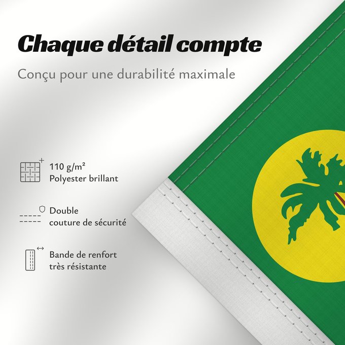 Détails sur ce drapeau : Cocos Keeling Islands Cocos (Keeling) Islands îles Cocos, utilisation non-officielle. Ratio 1 2 Islas Cocos Kokosinseln Isole Cocos La Kokosinsuloj, uzo ne oficiala
