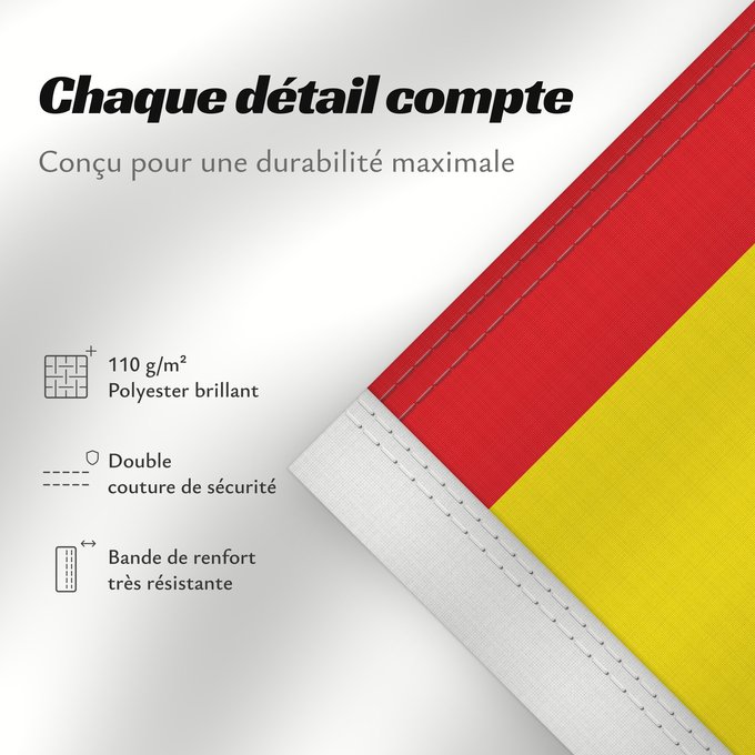 Détails sur ce drapeau : Selm	Beschreibung der Flagge  Die Flagge ist von Rot zu Gelb zu Rot im Verhältnis 1  3  1 längsgestreift mit dem Wappenschild der Stadt in der Mitte