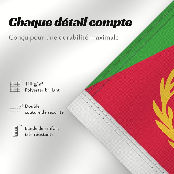 Détails sur ce drapeau : Eritrea	L Érythrée	Dell Eritrea	የኤርትራ ባንደራ	علم إريتريا	Af Eritrea	Eritreo	پرچم اریتره	דגל אריתריאה	Alaabaa Eritrea	Флаг Эритреи	S Eritrea	Eritreje	Eratareya	Eritreas	ባንደራ ኤርትራ