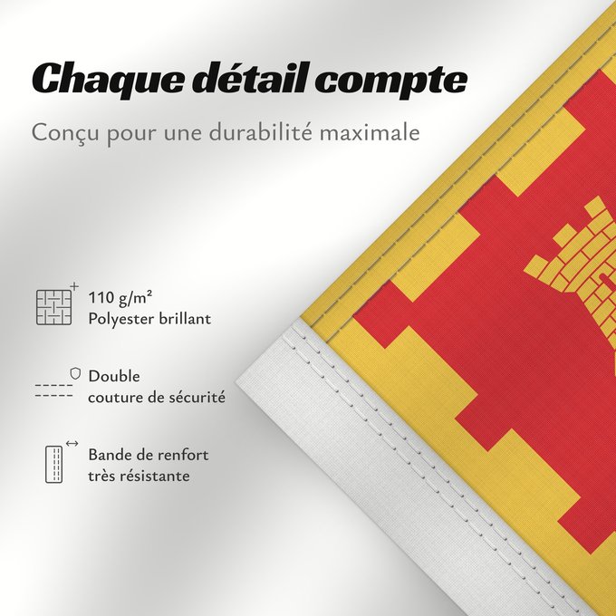 Détails sur ce drapeau : Unofficial County Flag of Greater Manchester The County Flag of Greater Manchester is composed of ten golden castles arranged in rows of 3-2-3-2 on a red background Manchester