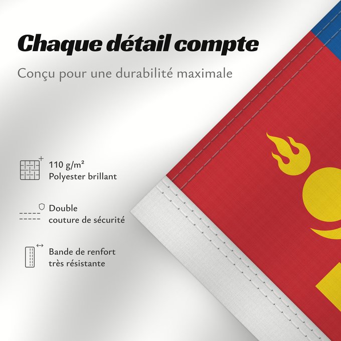 Détails sur ce drapeau : Mongolia	Mongolie	Mongolei	علم منغوليا	མོང་གོལ། དར་ཆ།	​Mūng-gū guók-gì	Mongoolia lipp	​Mùng-kú-koet khì	Моңғолия байрағы	몽골의 국기	Моңголстан туусу	Знаме на Монголија	.mw-parser-output	Флаг Монголии	Парчами Муғулистон	Монголия байдаги	Монголия байрагы	Моңғул