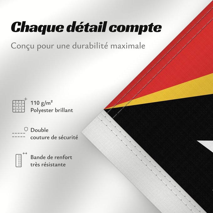 Détails sur ce drapeau : East Timor Timor-Leste East Timor Timor oriental Timor Oriental Osttimor Timor Est Timor-Leste Oost-Timor Timor-Leste علم تيمور الشرقية তিমুর লেস্তের জাতীয় পতাকা Timor Leste Флаг Восточного Тимора Östtimors Timór Lorosa e nian