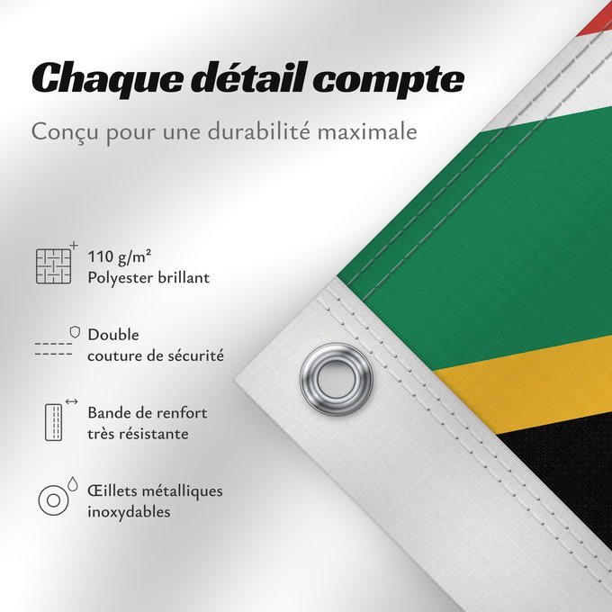 Détails sur ce drapeau : South Africa	Afrique du Sud	Sudáfrica	Südafrika	Sudafrica	South África Used color National flag | South African Government and Pantone Color Picker      green rendered as RGB 000 119 073Pantone 3415 C      yellow rendered as RGB 255 184 028Pantone 1235 C 