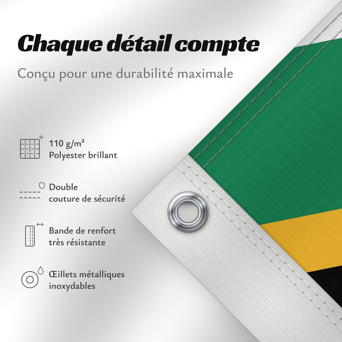 Détails sur ce drapeau : South Africa	Afrique du Sud	Sudáfrica	Südafrika	Sudafrica	South África Used color National flag | South African Government and Pantone Color Picker      green rendered as RGB 000 119 073Pantone 3415 C      yellow rendered as RGB 255 184 028Pantone 1235 C 