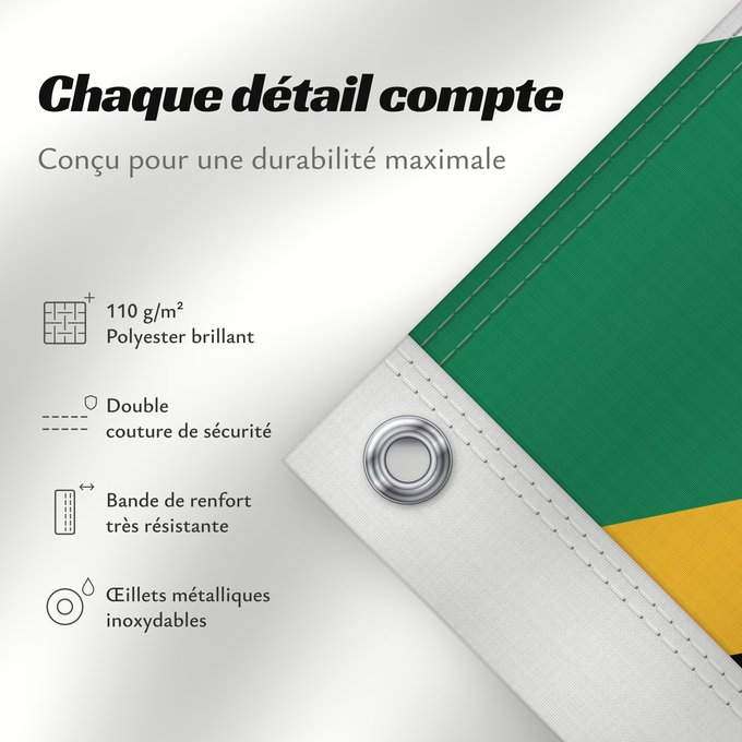 Détails sur ce drapeau : South Africa Afrique du Sud Sudáfrica Südafrika Sudafrica South África Used color National flag | South African Government and Pantone Color Picker green rendered as RGB 000 119 073Pantone 3415 C yellow rendered as RGB 255 184 028Pantone 1235 C