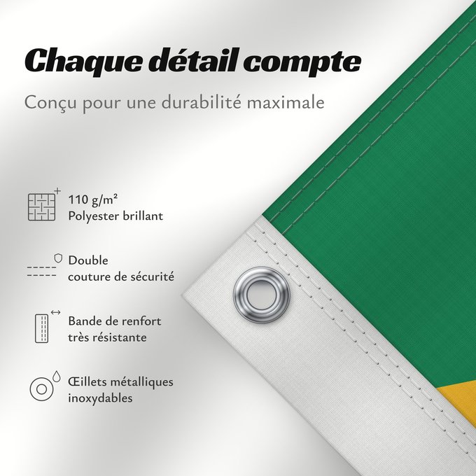 Détails sur ce drapeau : South Africa Afrique du Sud Sudáfrica Südafrika Sudafrica South África Used color National flag | South African Government and Pantone Color Picker green rendered as RGB 000 119 073Pantone 3415 C yellow rendered as RGB 255 184 028Pantone 1235 C