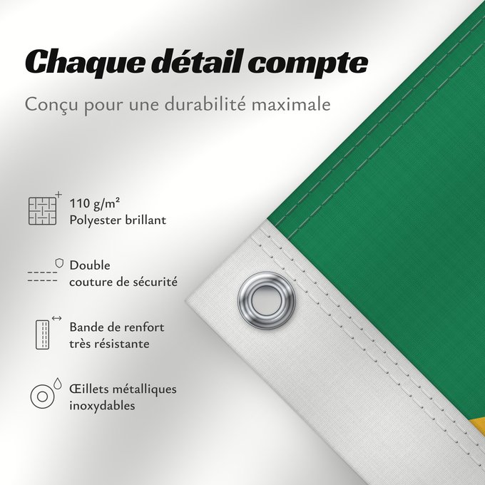 Détails sur ce drapeau : South Africa	Afrique du Sud	Sudáfrica	Südafrika	Sudafrica	South África Used color National flag | South African Government and Pantone Color Picker      green rendered as RGB 000 119 073Pantone 3415 C      yellow rendered as RGB 255 184 028Pantone 1235 C 