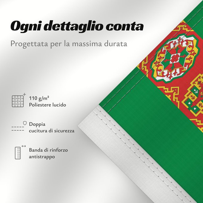 Dettagli sulla bandiera: Turkmenistan	Turkmenistan !Turkménistan	Turkmenistán