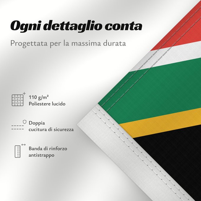 Dettagli sulla bandiera: South Africa Afrique du Sud Sudáfrica Südafrika Sudafrica South África Used color National flag | South African Government and Pantone Color Picker green rendered as RGB 000 119 073Pantone 3415 C yellow rendered as RGB 255 184 028Pantone 1235 C