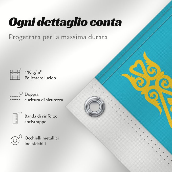 Dettagli sulla bandiera: Kazakhstan	Kazajistán	Kasachstan	Repubblica del Kazakistan	Kazachstan	Qazaxıstan Respublikasının	Сцяг Казахстана	Национално знаме на Казахстан	কাজাখস্তানের জাতীয় পতাকা	Banniel br Kazakstan	Kazahstana	Kazachstánu	Казахстан Республикин ялавӗ	Kazaĥio	Ղազախս