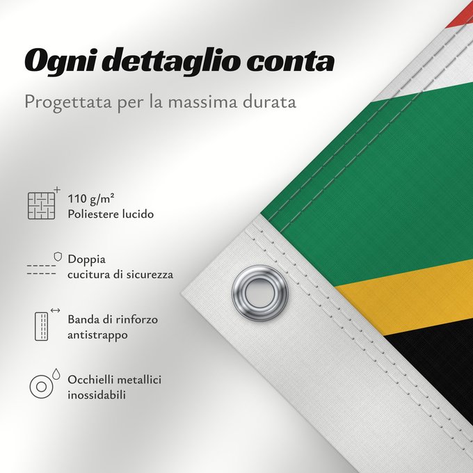 Dettagli sulla bandiera: South Africa	Afrique du Sud	Sudáfrica	Südafrika	Sudafrica	South África Used color National flag | South African Government and Pantone Color Picker      green rendered as RGB 000 119 073Pantone 3415 C      yellow rendered as RGB 255 184 028Pantone 1235 C 