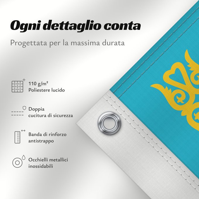 Dettagli sulla bandiera: Kazakhstan	Kazajistán	Kasachstan	Repubblica del Kazakistan	Kazachstan	Qazaxıstan Respublikasının	Сцяг Казахстана	Национално знаме на Казахстан	কাজাখস্তানের জাতীয় পতাকা	Banniel br Kazakstan	Kazahstana	Kazachstánu	Казахстан Республикин ялавӗ	Kazaĥio	Ղազախս