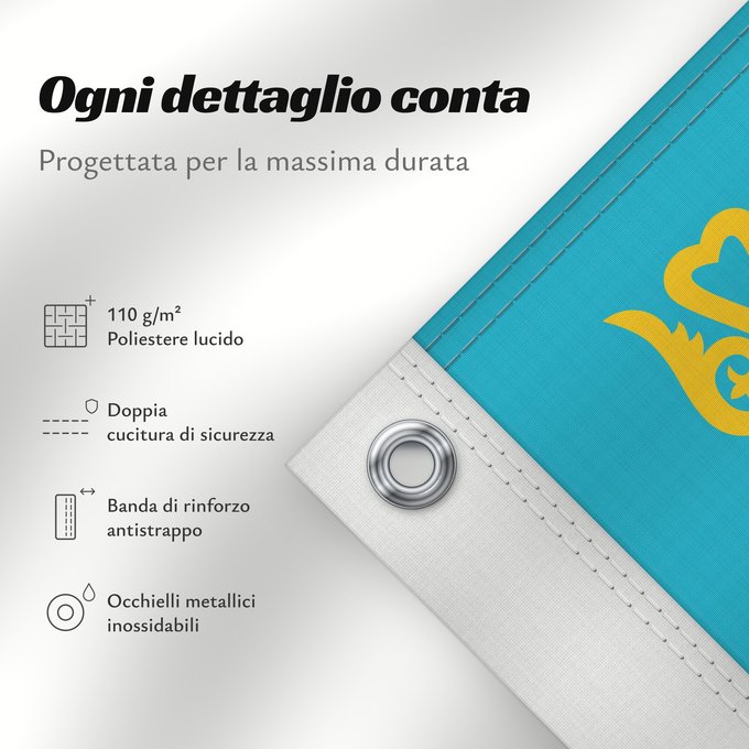 Dettagli sulla bandiera: Kazakhstan	Kazajistán	Kasachstan	Repubblica del Kazakistan	Kazachstan	Qazaxıstan Respublikasının	Сцяг Казахстана	Национално знаме на Казахстан	কাজাখস্তানের জাতীয় পতাকা	Banniel br Kazakstan	Kazahstana	Kazachstánu	Казахстан Республикин ялавӗ	Kazaĥio	Ղազախս