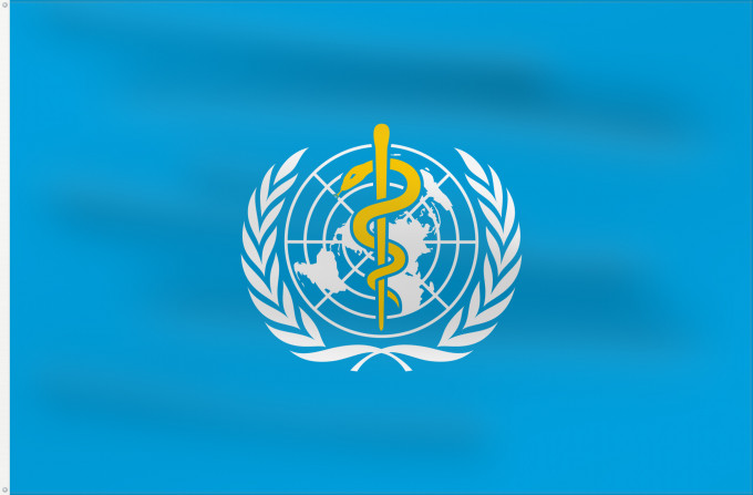 Flag, with two metal eyelets and reinforced hoist: WHO World Health Organization L Organisation mondiale de la santé 世界衛生組織的旗幟。