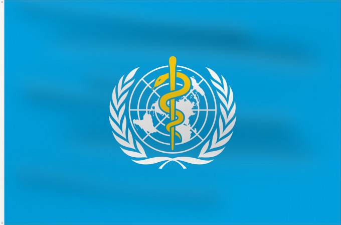 Flag, with two metal eyelets and reinforced hoist: WHO	World Health Organization	L Organisation mondiale de la santé	​世界衛生組織的旗幟。