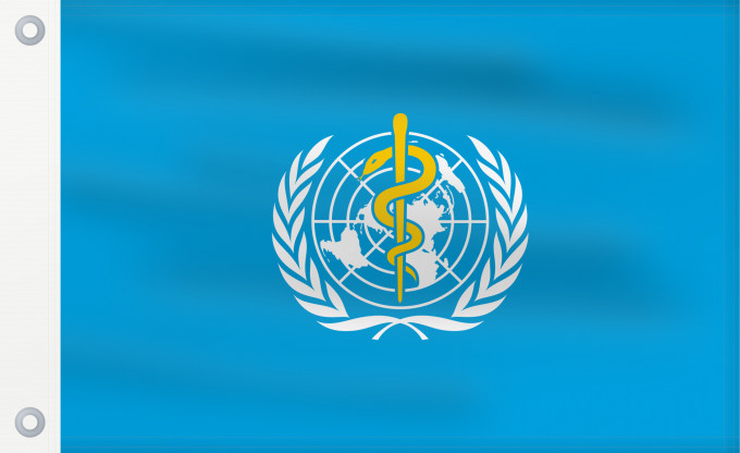 Flag, with two metal eyelets and reinforced hoist: WHO World Health Organization L Organisation mondiale de la santé 世界衛生組織的旗幟。
