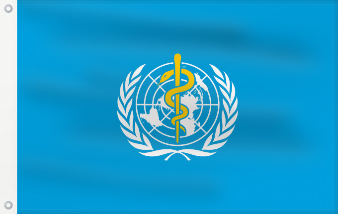 Flag, with two metal eyelets and reinforced hoist: WHO	World Health Organization	L Organisation mondiale de la santé	​世界衛生組織的旗幟。