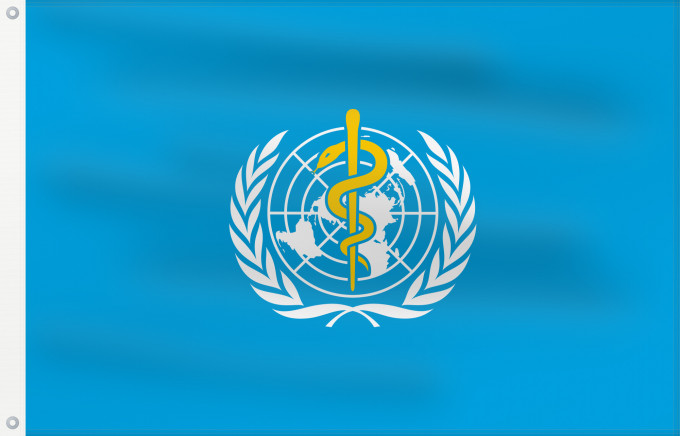 Flag, with two metal eyelets and reinforced hoist: WHO World Health Organization L Organisation mondiale de la santé 世界衛生組織的旗幟。