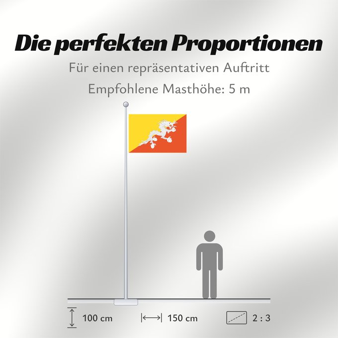 Proportionen der Flagge: Bhutan	Bhoutan	Bután	Butão	علم بوتان	ভূটানের পতাকা	ཧྥ་རན་ས་ཀྱི་དར་ཆ།	Bhutani lipp	Bhutanin	Watawat ng Bhutan	भूटान का ध्वज	Флаг Бутана	Butana	Bhutans	Bhutanu	ธงชาติ ประเทศภูฏาน