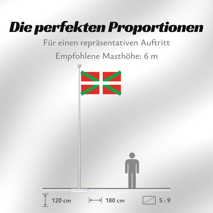 Proportionen der Flagge: Basque Country	Autonomous region of the Basque Country A white cross over a green saltire on a red field	Basque Country	Ikurriña Bandera de la Comunidad autónoma del País Vasco	Autonomen Region Baskenland Ein weißes Kreuz über grünem Andreaskreuz auf rote