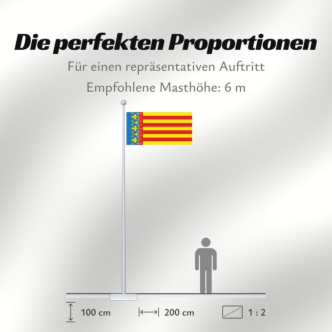 Proportionen der Flagge: Land of Valencia  official	Land of Valencia, 1 2 ratio	Valencia Community	Comunidad Valenciana, proporciones 1 2	Valencian Community	Comunità Valenciana	D o Comunidat Balenziana	Comunidá Valenciana	Comunitat Valenciana, proporcions 1 2	Valentziako Erkideg