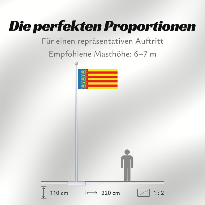 Proportionen der Flagge: Land of Valencia  official	Land of Valencia, 1 2 ratio	Valencia Community	Comunidad Valenciana, proporciones 1 2	Valencian Community	Comunità Valenciana	D o Comunidat Balenziana	Comunidá Valenciana	Comunitat Valenciana, proporcions 1 2	Valentziako Erkideg
