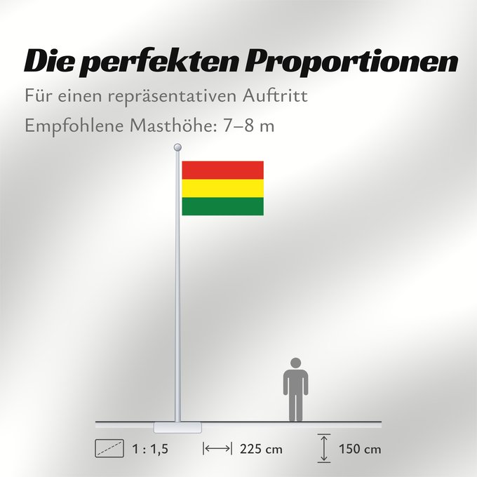Proportionen der Flagge: Bolivia Bolivie Bolivien Bolivia Flag of Bolivia* country Template I18n/Republic of Bolivia used by Bolivia from 1851 until Present created by Government of Bolivia format 15 22 shape rectangular colours red