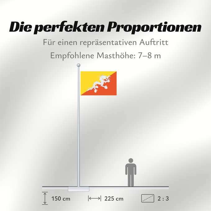 Proportionen der Flagge: Bhutan	Bhoutan	Bután	Butão	علم بوتان	ভূটানের পতাকা	ཧྥ་རན་ས་ཀྱི་དར་ཆ།	Bhutani lipp	Bhutanin	Watawat ng Bhutan	भूटान का ध्वज	Флаг Бутана	Butana	Bhutans	Bhutanu	ธงชาติ ประเทศภูฏาน