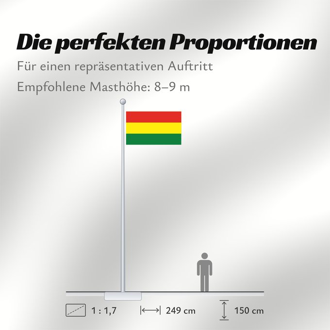 Proportionen der Flagge: Bolivia Bolivie Bolivien Bolivia Flag of Bolivia* country Template I18n/Republic of Bolivia used by Bolivia from 1851 until Present created by Government of Bolivia format 15 22 shape rectangular colours red