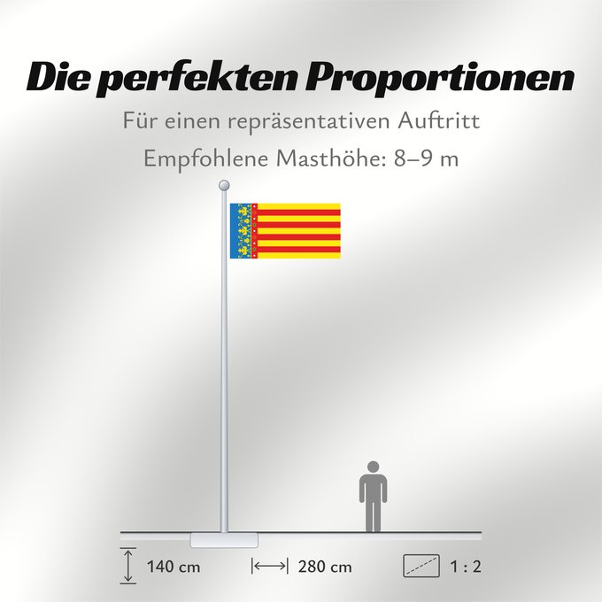 Proportionen der Flagge: Land of Valencia  official	Land of Valencia, 1 2 ratio	Valencia Community	Comunidad Valenciana, proporciones 1 2	Valencian Community	Comunità Valenciana	D o Comunidat Balenziana	Comunidá Valenciana	Comunitat Valenciana, proporcions 1 2	Valentziako Erkideg
