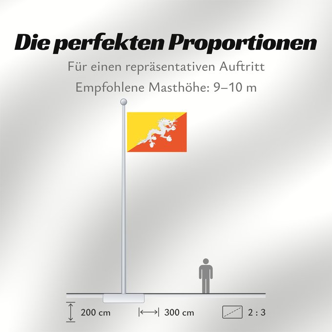 Proportionen der Flagge: Bhutan	Bhoutan	Bután	Butão	علم بوتان	ভূটানের পতাকা	ཧྥ་རན་ས་ཀྱི་དར་ཆ།	Bhutani lipp	Bhutanin	Watawat ng Bhutan	भूटान का ध्वज	Флаг Бутана	Butana	Bhutans	Bhutanu	ธงชาติ ประเทศภูฏาน