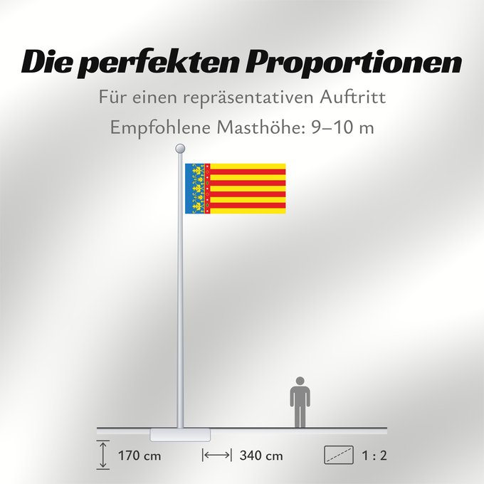 Proportionen der Flagge: Land of Valencia  official	Land of Valencia, 1 2 ratio	Valencia Community	Comunidad Valenciana, proporciones 1 2	Valencian Community	Comunità Valenciana	D o Comunidat Balenziana	Comunidá Valenciana	Comunitat Valenciana, proporcions 1 2	Valentziako Erkideg