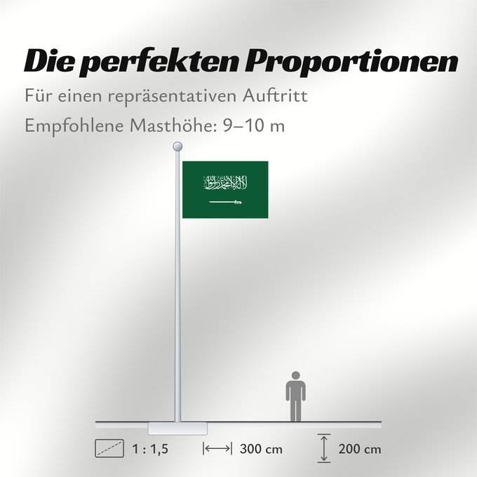 Proportionen der Flagge: Civil Ensign of Saudi Arabia obverse Saudi Arabia Arabie saoudite Arabia Saudita Saudi-Arabien الشعار المدني في الأعلى على الركن الأيمن للعلم، ومعدل التناسب ٢ ٣