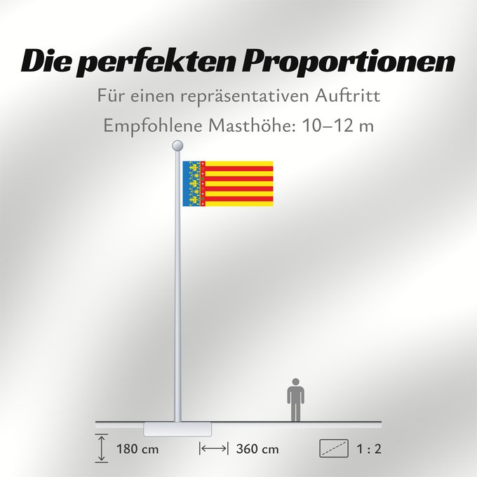 Proportionen der Flagge: Land of Valencia  official	Land of Valencia, 1 2 ratio	Valencia Community	Comunidad Valenciana, proporciones 1 2	Valencian Community	Comunità Valenciana	D o Comunidat Balenziana	Comunidá Valenciana	Comunitat Valenciana, proporcions 1 2	Valentziako Erkideg