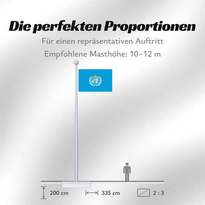 Proportionen der Flagge: WHO	World Health Organization	L Organisation mondiale de la santé	​世界衛生組織的旗幟。