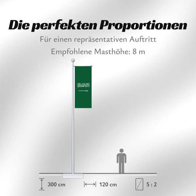 Proportionen der Flagge: Civil Ensign of Saudi Arabia  obverse	Saudi Arabia	Arabie saoudite	Arabia Saudita	Saudi-Arabien	الشعار المدني في الأعلى على الركن الأيمن للعلم، ومعدل التناسب ٢ ٣