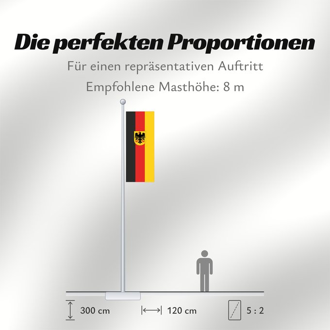 Proportionen der Flagge: Germany  state	Bundesdienstflagge  Flag of the federal authorities of Germany	Allemagne	La Bundesdienstflagge está reservada para las autoridades federales alemanas	Die Bundesdienstflagge ist den deutschen Bundesbehörden vorbehalten	Germania