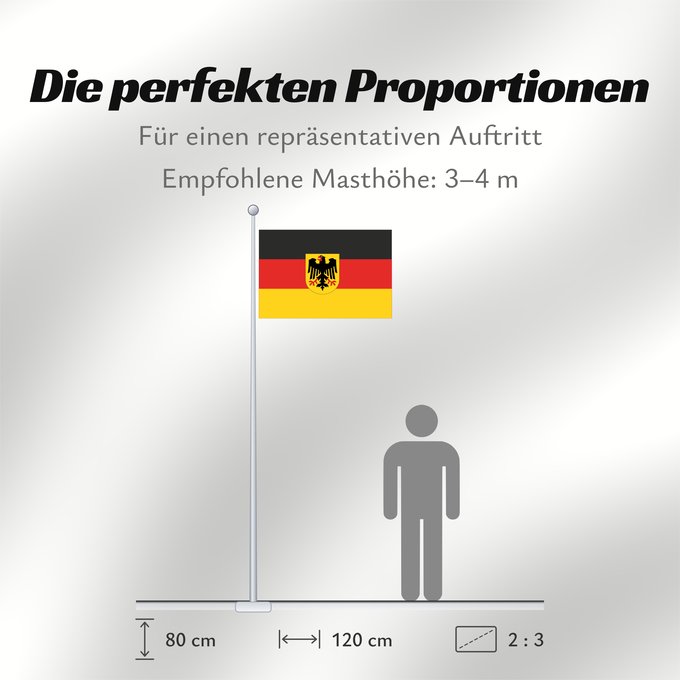 Proportionen der Flagge: Germany  state	Bundesdienstflagge  Flag of the federal authorities of Germany	Allemagne	La Bundesdienstflagge está reservada para las autoridades federales alemanas	Die Bundesdienstflagge ist den deutschen Bundesbehörden vorbehalten	Germania