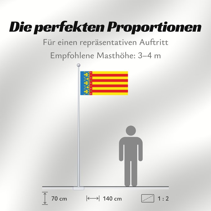 Proportionen der Flagge: Land of Valencia official Land of Valencia, 1 2 ratio Valencia Community Comunidad Valenciana, proporciones 1 2 Valencian Community Comunità Valenciana D o Comunidat Balenziana Comunidá Valenciana Comunitat Valenciana, proporcions 1 2 Valentziako Erkideg