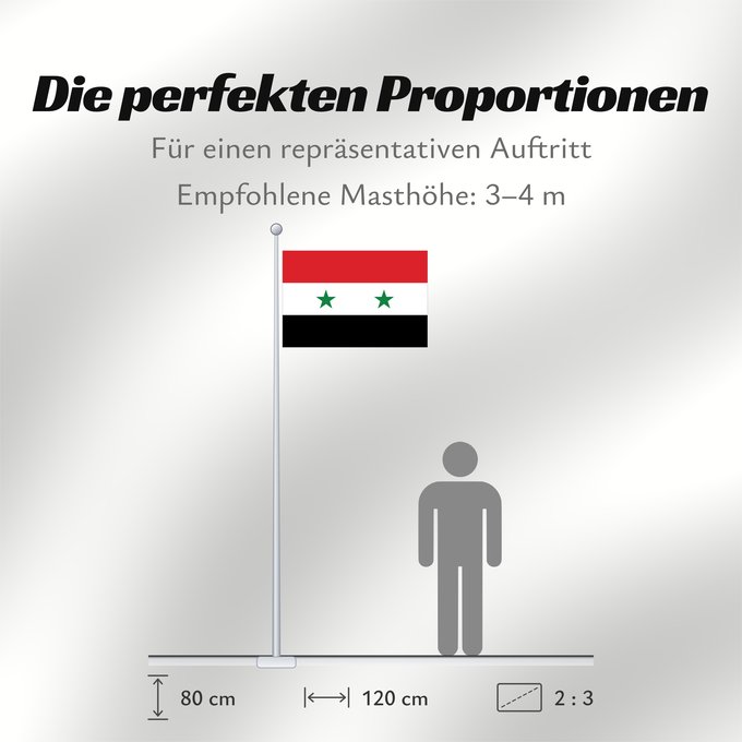Proportionen der Flagge: Syria	It is easy to put a border around this flag image	Syrie	República Árabe Unida  1958-1961	Syrien	Siria	Zjednoczonej Republiki Arabskiej  1958-1961	علم الجمهورية العربية المتحدة ١٣٧٧-١٣٨٠	República Árabe Xunida  1958-1961	República Àrab Unida  1958-19