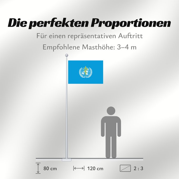 Proportionen der Flagge: WHO	World Health Organization	L Organisation mondiale de la santé	​世界衛生組織的旗幟。